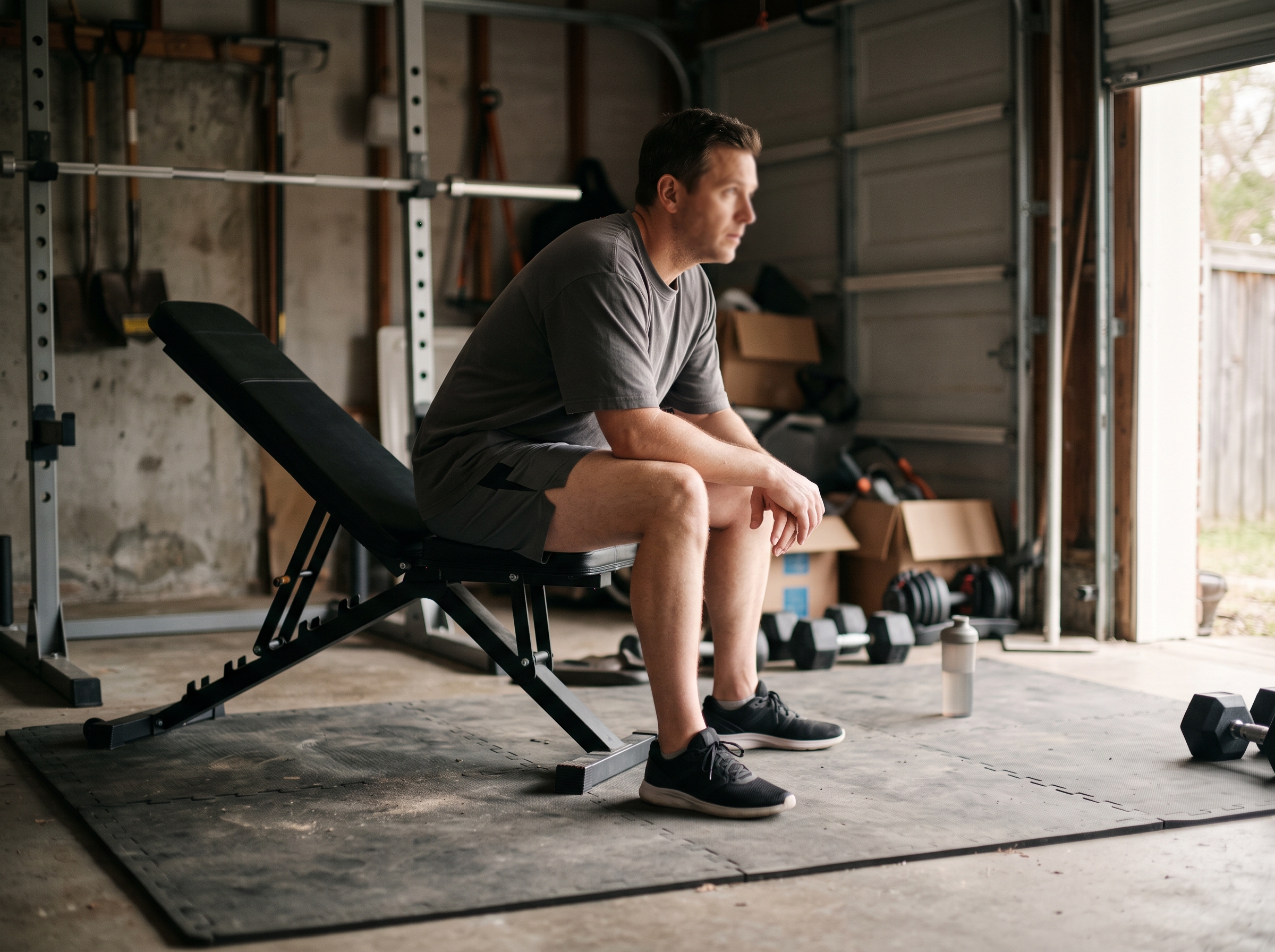 A person in athletic clothing sitting on a bench in a home gym in morning light, mid-thought