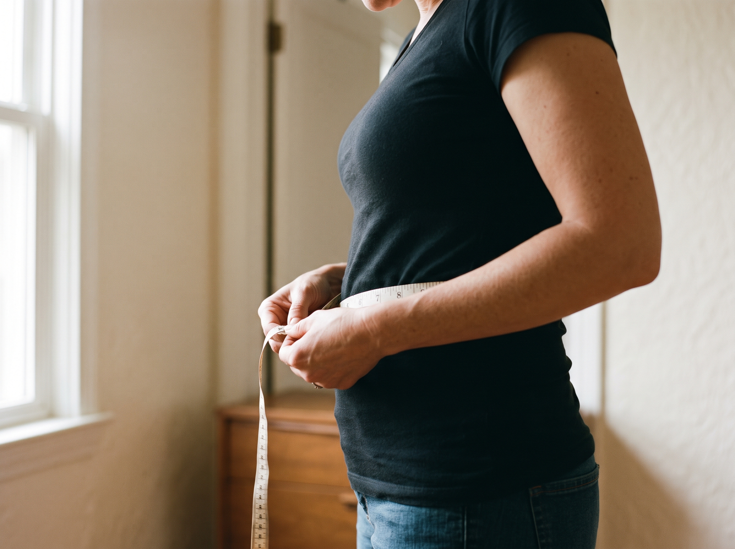 A person measuring their waist with a tape measure in soft daylight, seen from the side