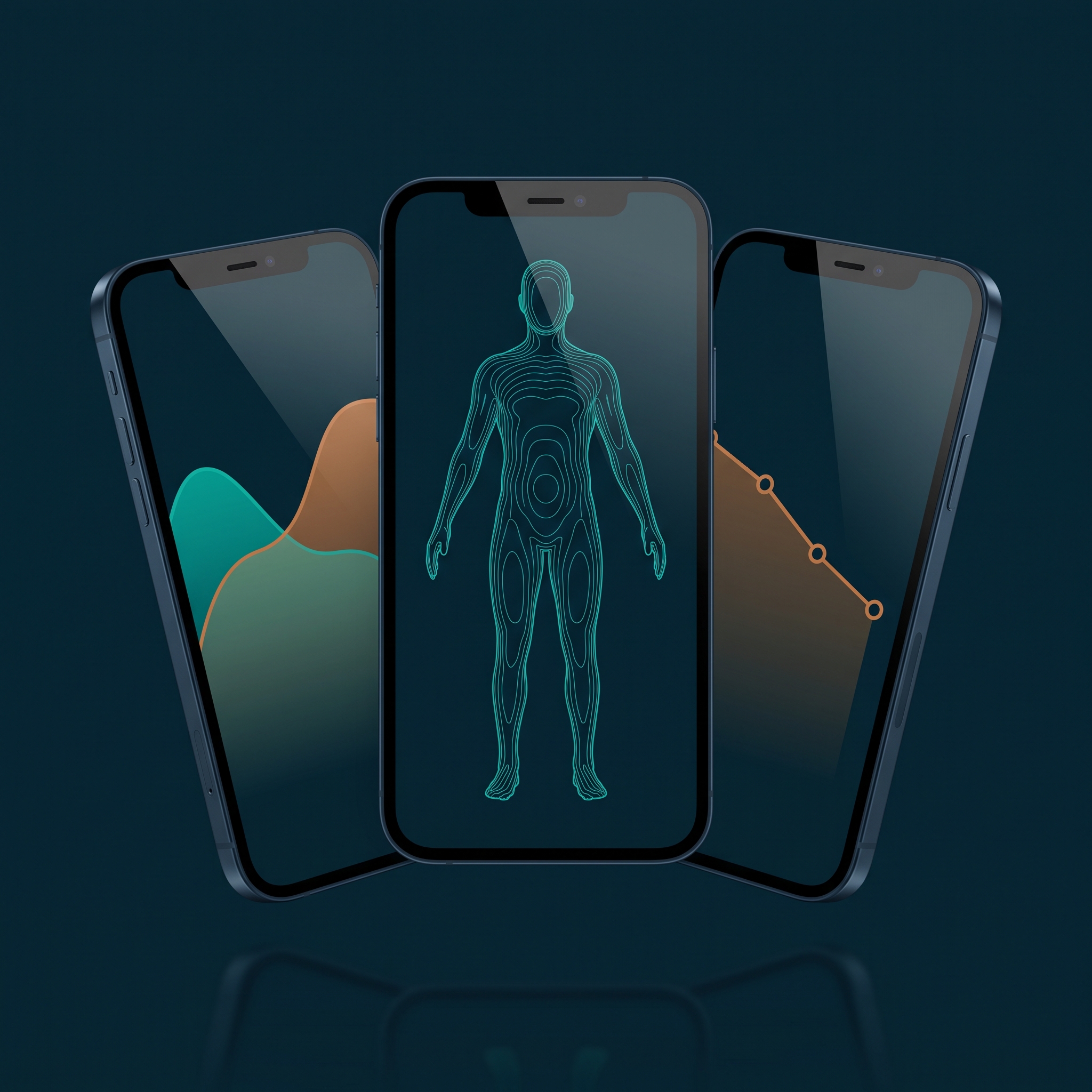 Embrace app screens showing body-composition trends, waist measurements and a 3D body scan over time